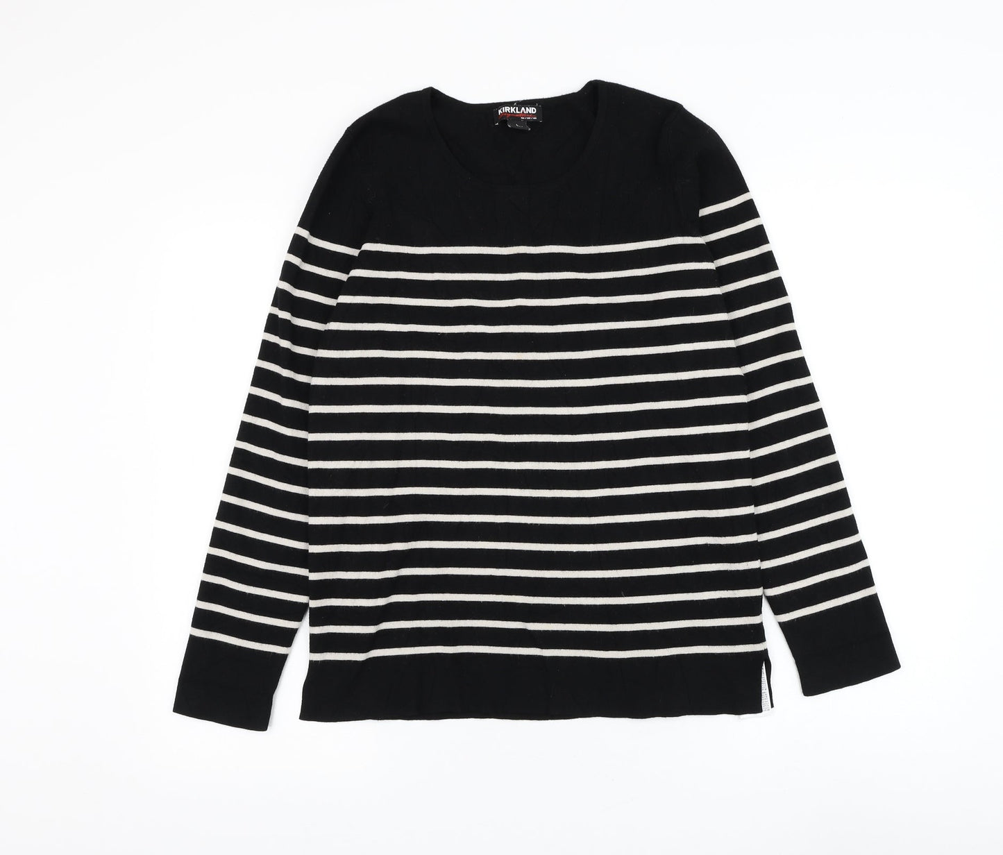 Kirkland Signature Womens Black Round Neck Striped Viscose Pullover Jumper Size L
