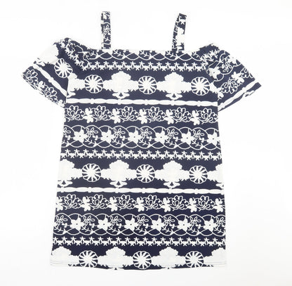 Quiz Womens Blue Floral Polyester A-Line Size M Square Neck Pullover - Cold Shoulder