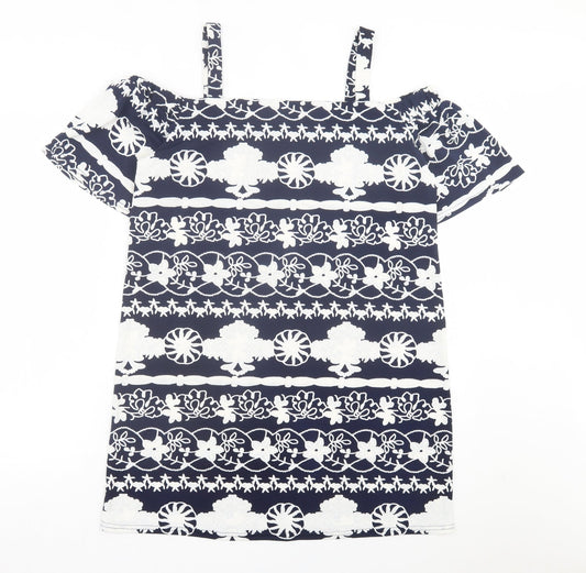 Quiz Womens Blue Floral Polyester A-Line Size M Square Neck Pullover - Cold Shoulder