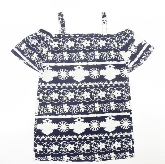 Quiz Womens Blue Floral Polyester A-Line Size M Square Neck Pullover - Cold Shoulder