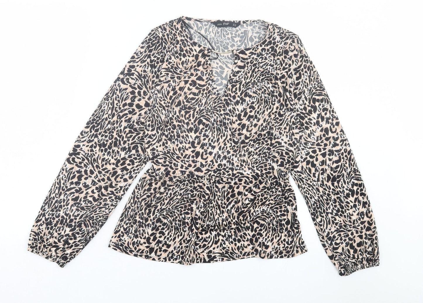 F&F Womens Brown Animal Print Polyester Basic Blouse Size 10 Round Neck - Leopard Print