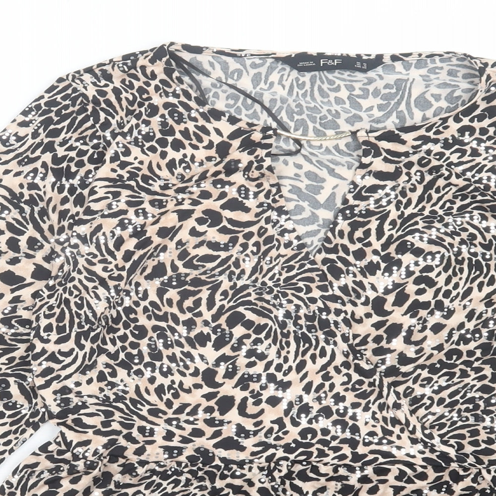 F&F Womens Brown Animal Print Polyester Basic Blouse Size 10 Round Neck - Leopard Print
