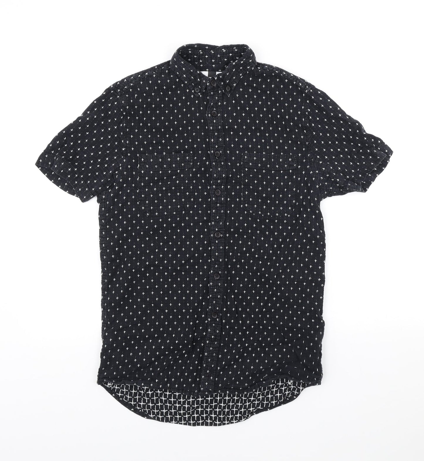 Topman Mens Black Geometric Cotton Button-Up Size XS Collared Button