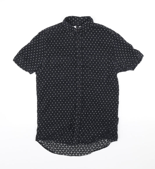 Topman Mens Black Geometric Cotton Button-Up Size XS Collared Button