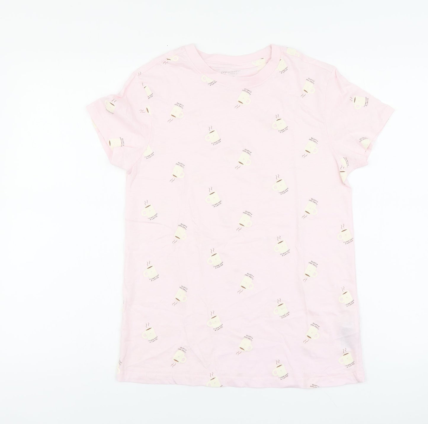 Primark Womens Pink Geometric Cotton Basic T-Shirt Size XS Round Neck - I Like You A Latte