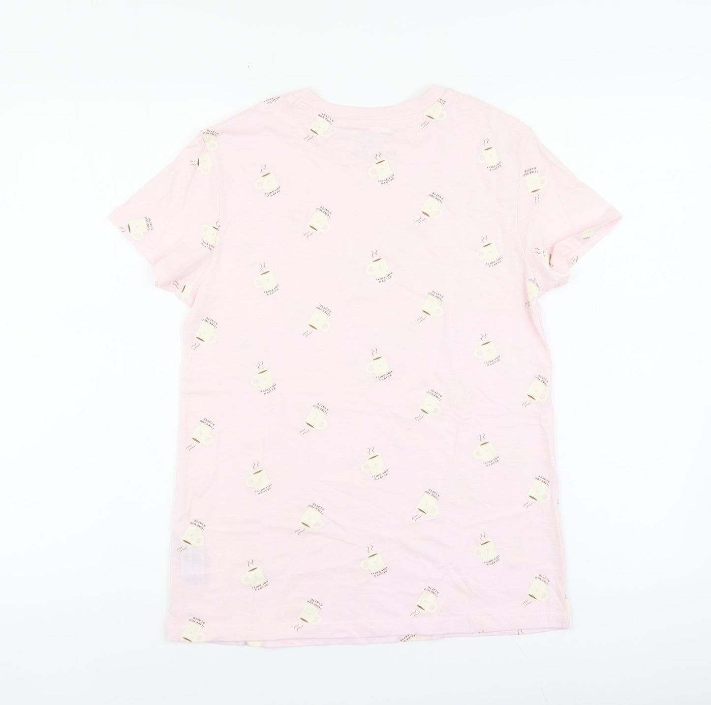 Primark Womens Pink Geometric Cotton Basic T-Shirt Size XS Round Neck - I Like You A Latte
