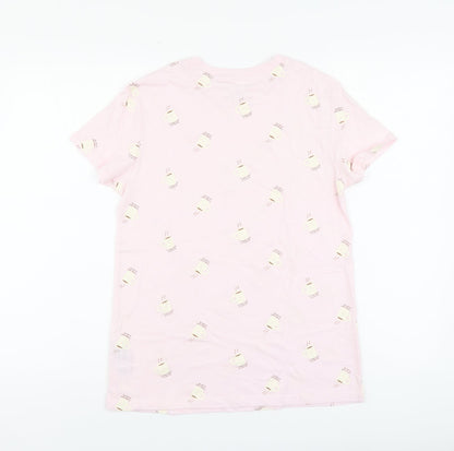 Primark Womens Pink Geometric Cotton Basic T-Shirt Size XS Round Neck - I Like You A Latte
