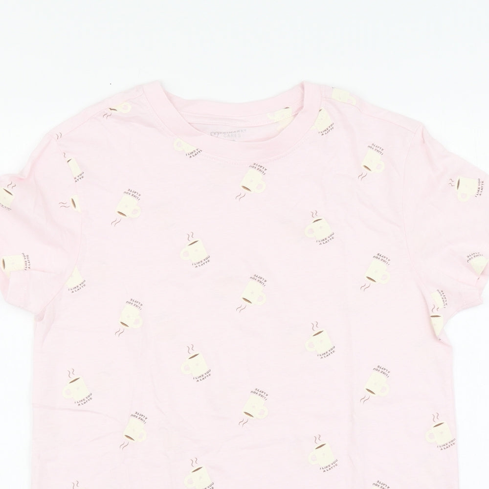 Primark Womens Pink Geometric Cotton Basic T-Shirt Size XS Round Neck - I Like You A Latte