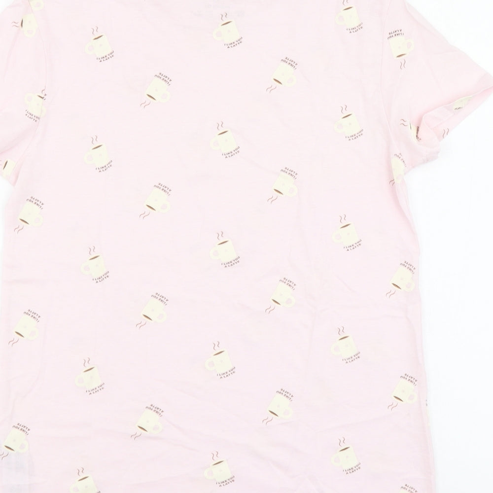 Primark Womens Pink Geometric Cotton Basic T-Shirt Size XS Round Neck - I Like You A Latte