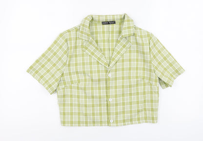 SheIn Womens Green Plaid Polyester Cropped Button-Up Size XS Collared