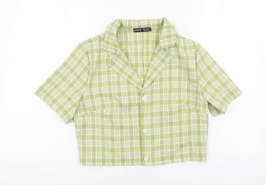 SheIn Womens Green Plaid Polyester Cropped Button-Up Size XS Collared