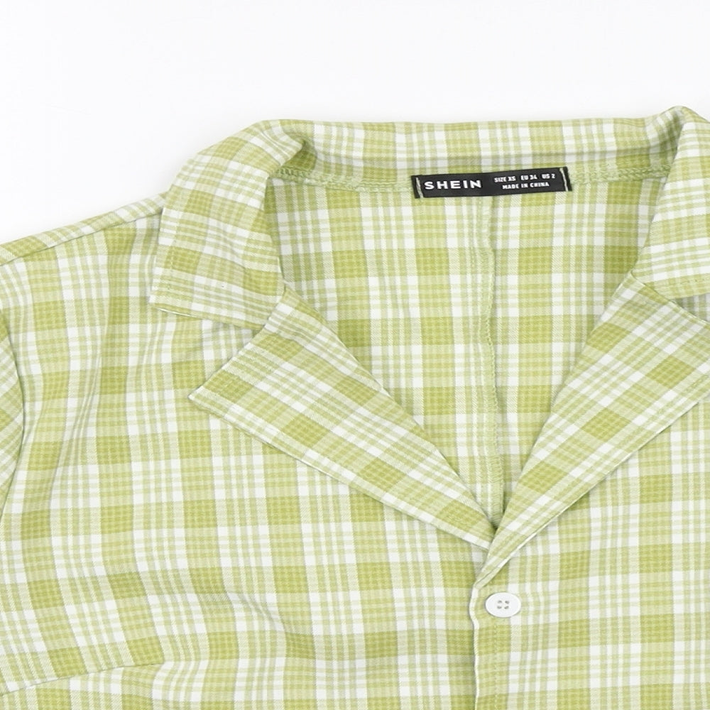 SheIn Womens Green Plaid Polyester Cropped Button-Up Size XS Collared