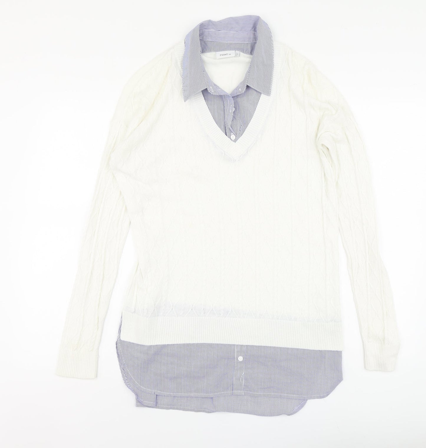 Nect Womens White V-Neck Striped Cotton Pullover Jumper Size 12