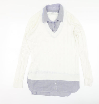 Nect Womens White V-Neck Striped Cotton Pullover Jumper Size 12