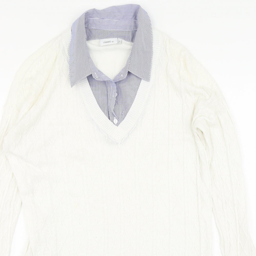 Nect Womens White V-Neck Striped Cotton Pullover Jumper Size 12