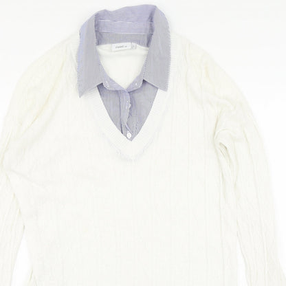 Nect Womens White V-Neck Striped Cotton Pullover Jumper Size 12