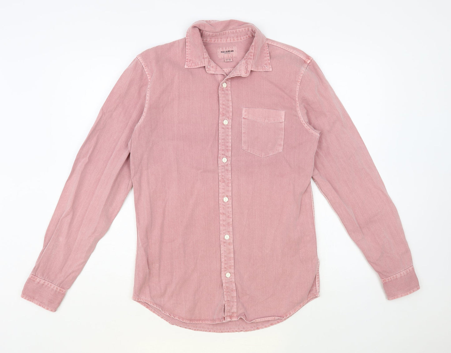 Pull&Bear Mens Pink Cotton Button-Up Size S Collared Button
