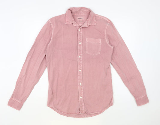 Pull&Bear Mens Pink Cotton Button-Up Size S Collared Button