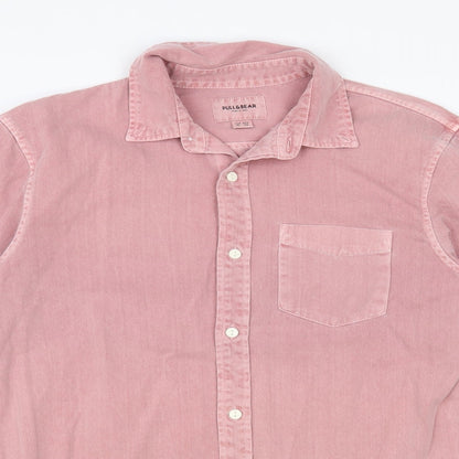 Pull&Bear Mens Pink Cotton Button-Up Size S Collared Button