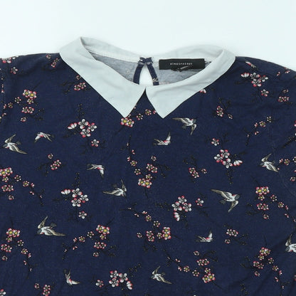 Atmoshpere Womens Blue Floral Viscose Basic T-Shirt Size 10 Collared
