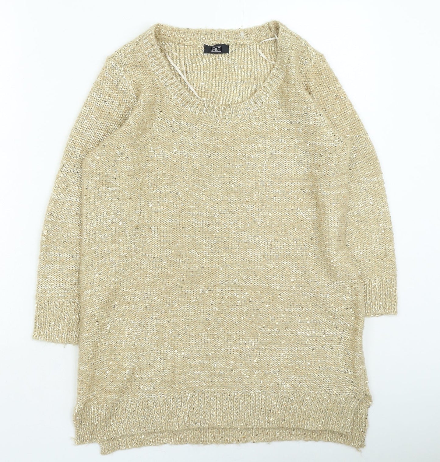 F&F Womens Gold Round Neck Polyester Pullover Jumper Size 14