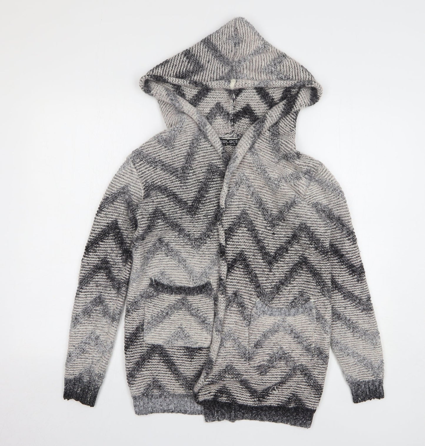Select Womens Beige Geometric Polyamide Cardigan Hoodie Size 8 Tie