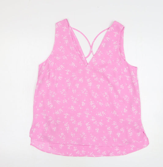 Dunnes Womens Pink Floral Polyester Basic Blouse Size S V-Neck