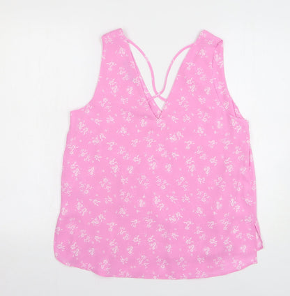 Dunnes Womens Pink Floral Polyester Basic Blouse Size S V-Neck