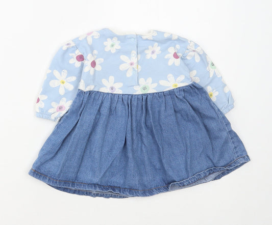 NEXT Girls Blue Floral Cotton Skater Dress Size 3-6 Months Round Neck Snap