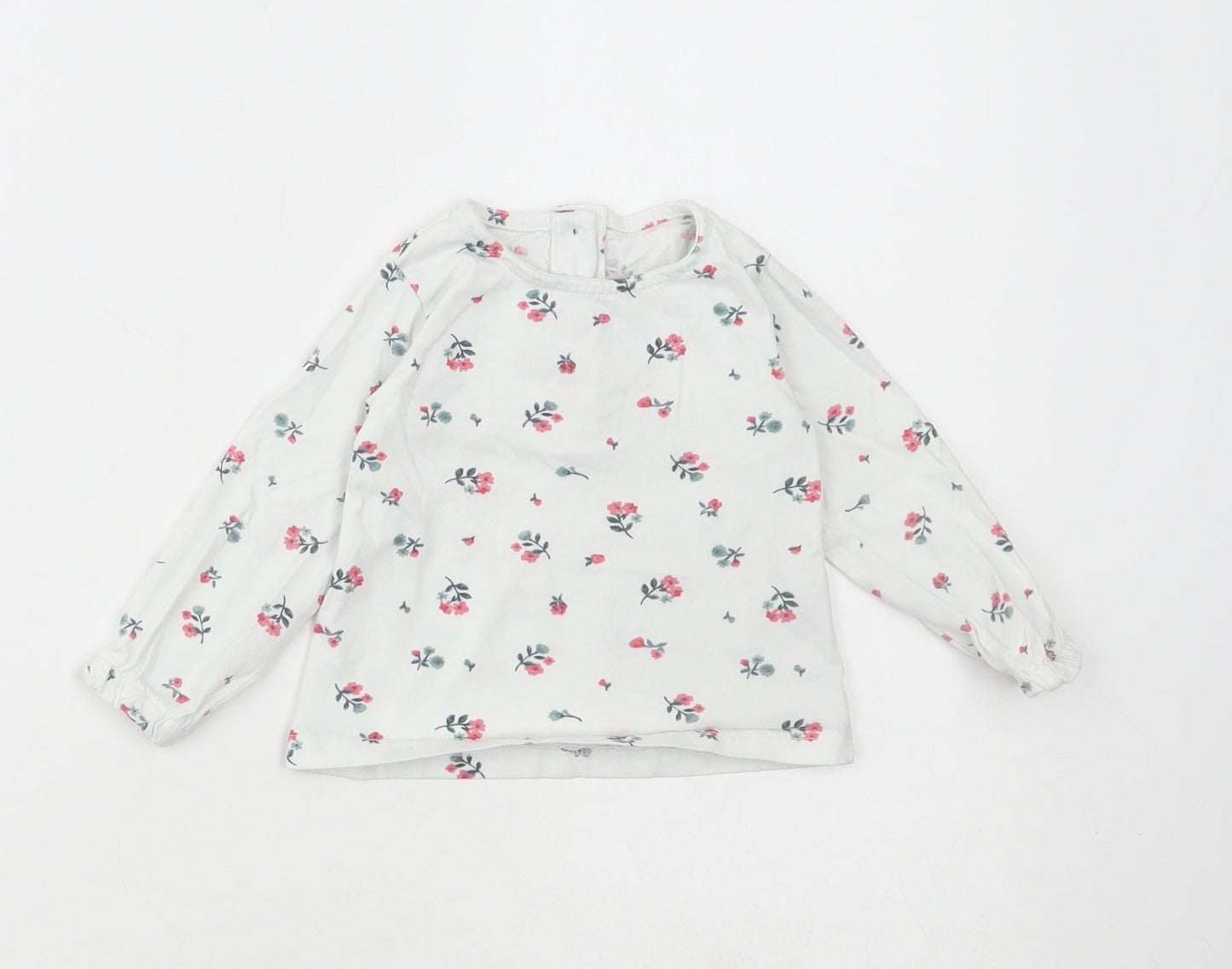 Dunnes Stores Girls White Floral Cotton Basic T-Shirt Size 6-9 Months Round Neck Button