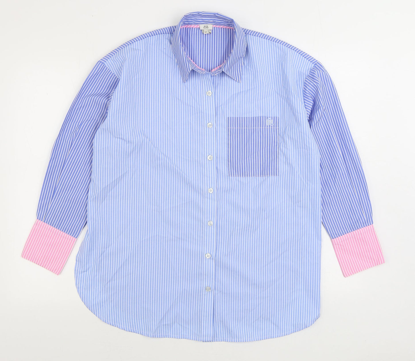 River Island Mens Blue Striped Polyester Button-Up Size XS Collared Button