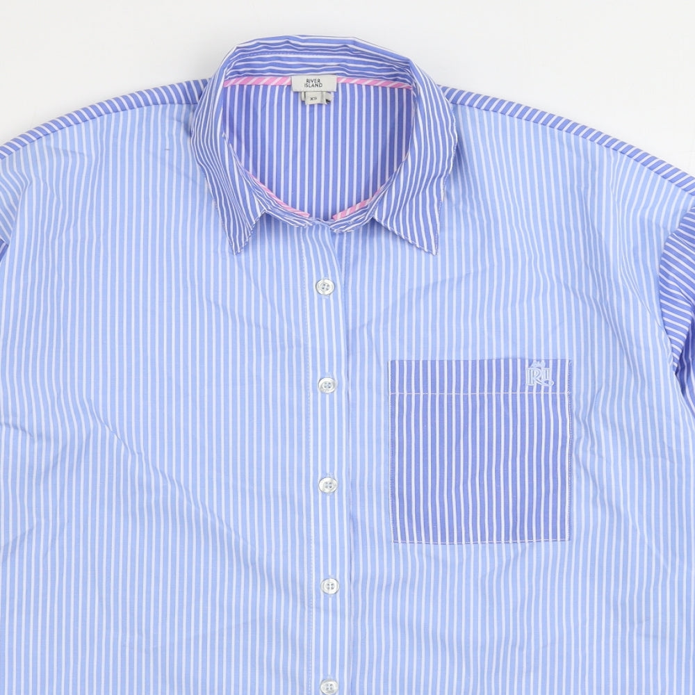 River Island Mens Blue Striped Polyester Button-Up Size XS Collared Button