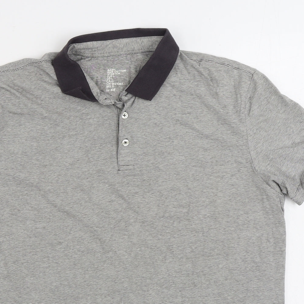 H&M Mens Grey Cotton Polo Size L Collared Button