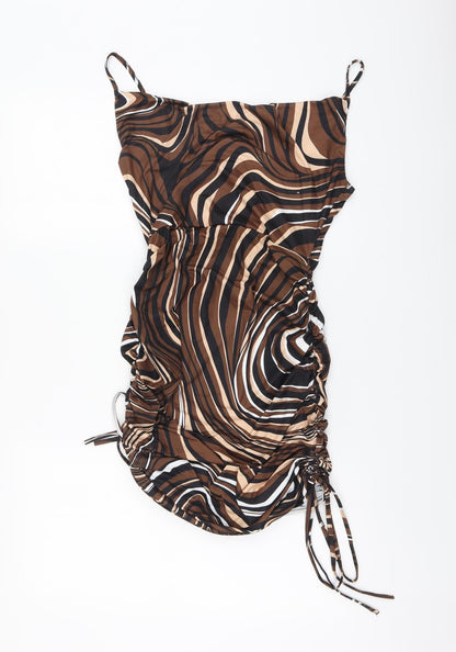 SheIn Womens Brown Striped Polyester A-Line Size M Square Neck - Ruched