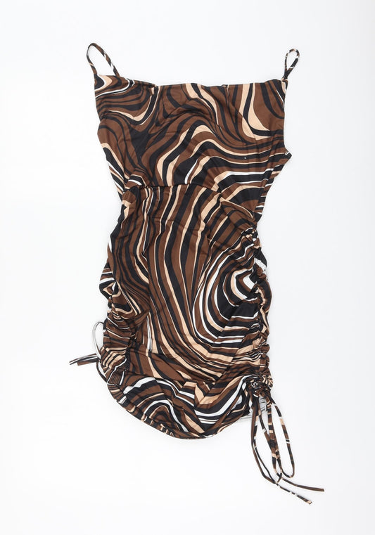 SheIn Womens Brown Striped Polyester A-Line Size M Square Neck - Ruched