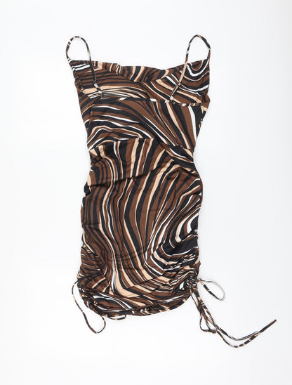 SheIn Womens Brown Striped Polyester A-Line Size M Square Neck - Ruched