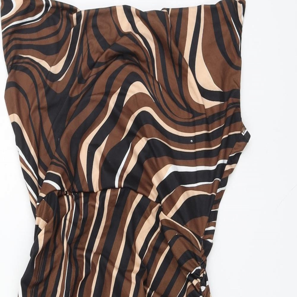 SheIn Womens Brown Striped Polyester A-Line Size M Square Neck - Ruched