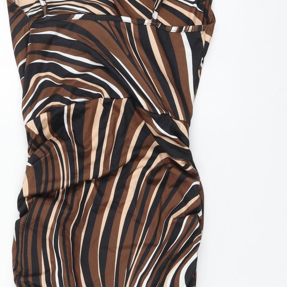 SheIn Womens Brown Striped Polyester A-Line Size M Square Neck - Ruched