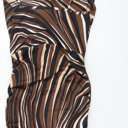 SheIn Womens Brown Striped Polyester A-Line Size M Square Neck - Ruched