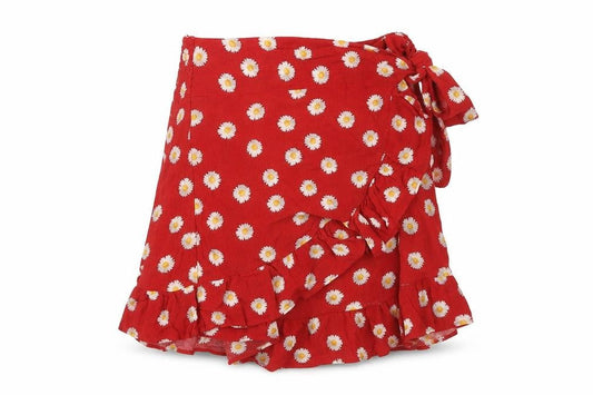STR Womens Red Floral Viscose Wrap Skirt Size L Tie