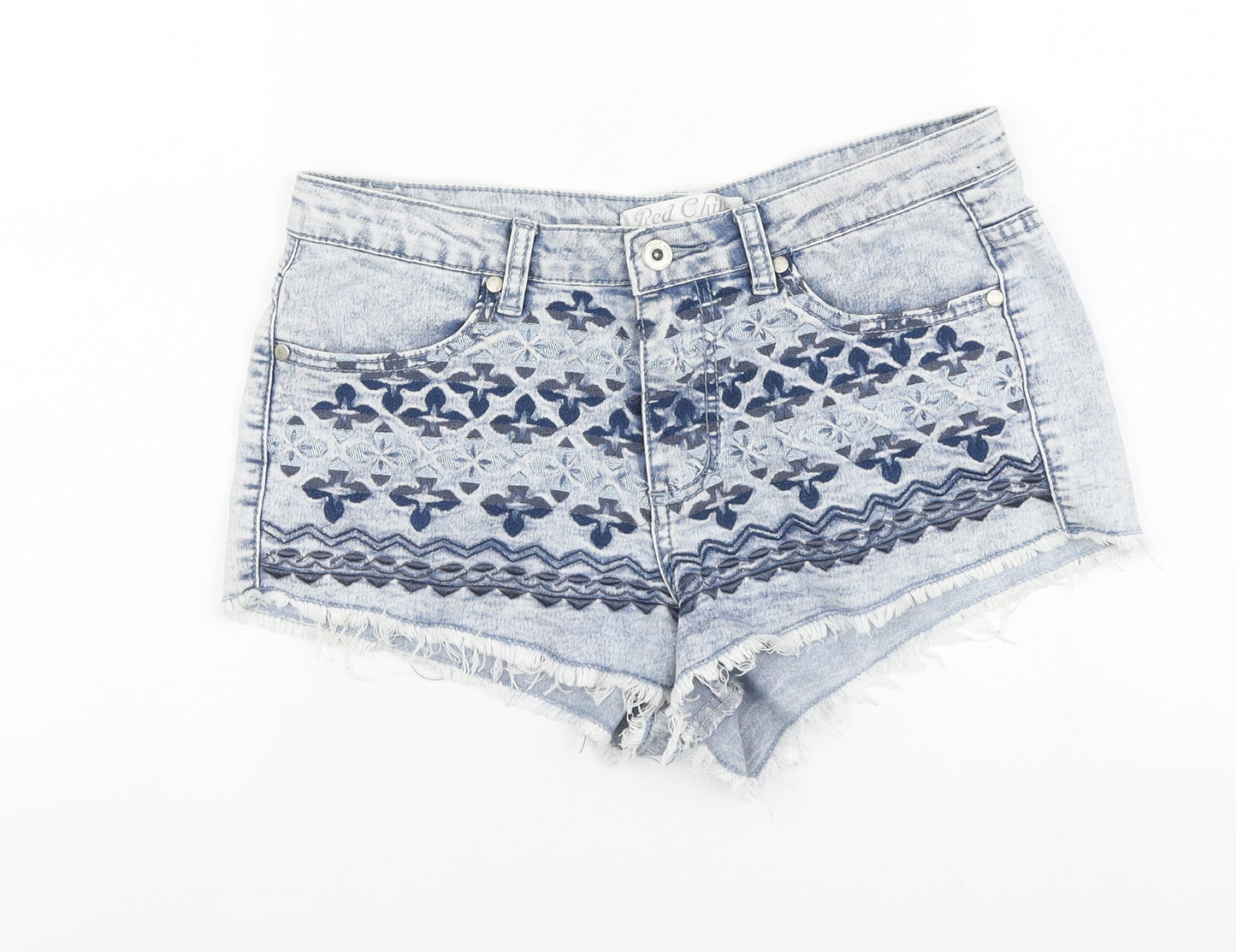 Red Chili Womens Blue Geometric Cotton Cut-Off Shorts Size 10 L10 in Regular Button