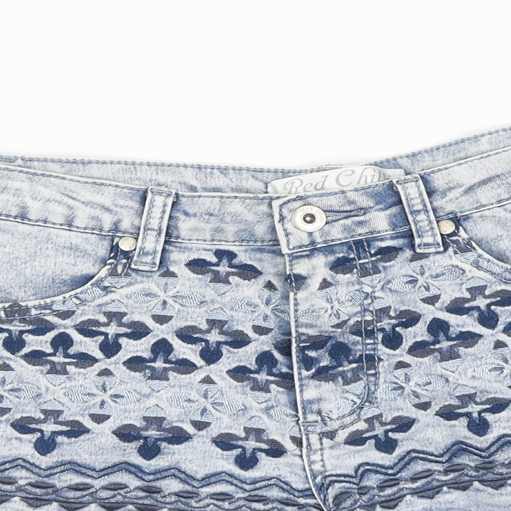Red Chili Womens Blue Geometric Cotton Cut-Off Shorts Size 10 L10 in Regular Button