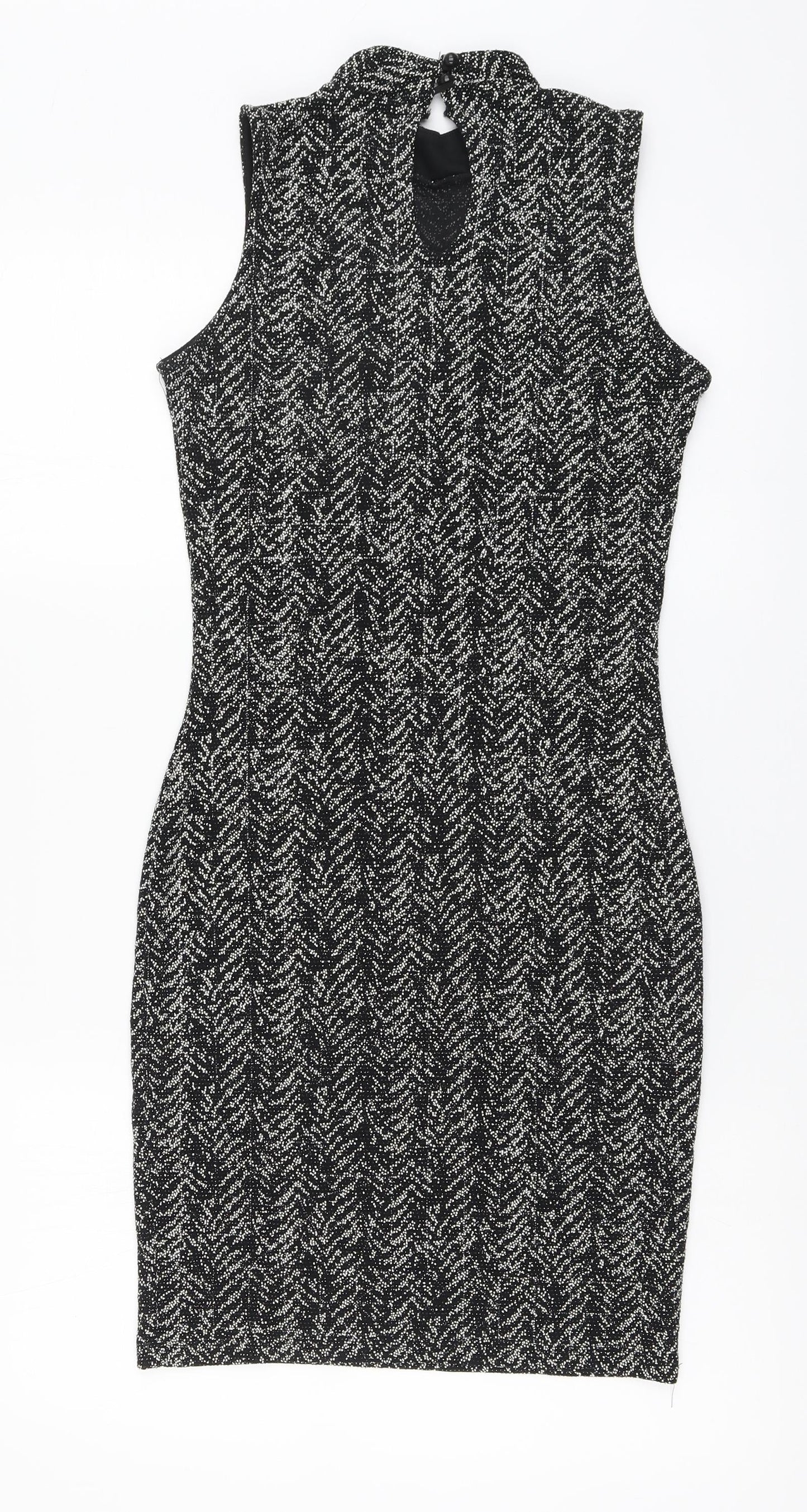 Quiz Womens Black Nylon A-Line Size 8 High Neck Button