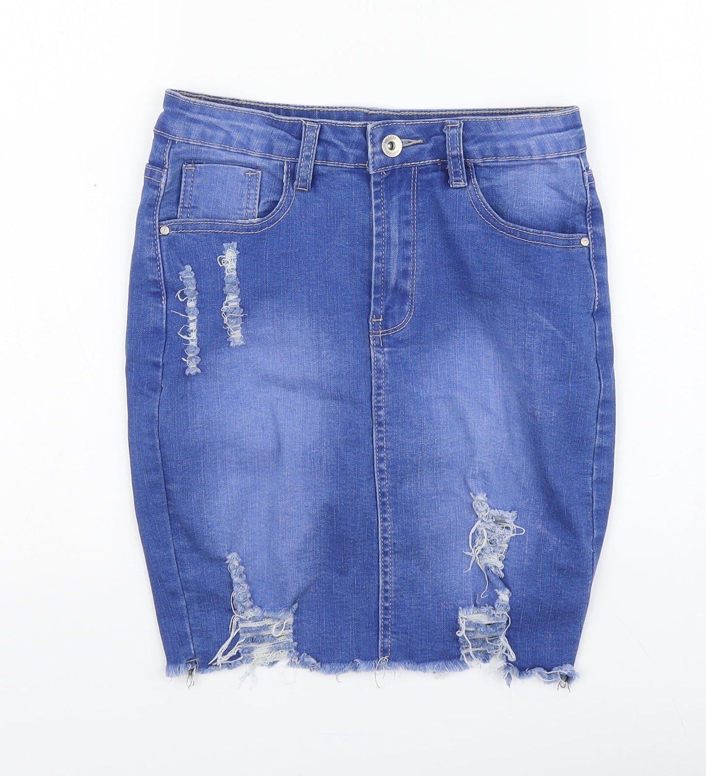 Mybestiny Womens Blue Cotton Straight & Pencil Skirt Size S Button - Distressed
