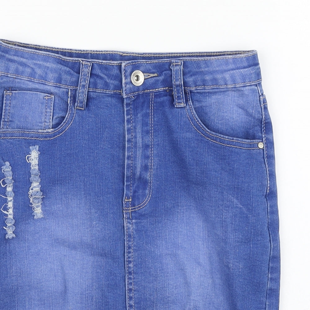 Mybestiny Womens Blue Cotton Straight & Pencil Skirt Size S Button - Distressed