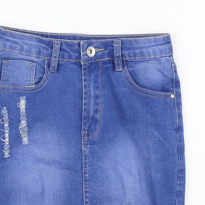Mybestiny Womens Blue Cotton Straight & Pencil Skirt Size S Button - Distressed