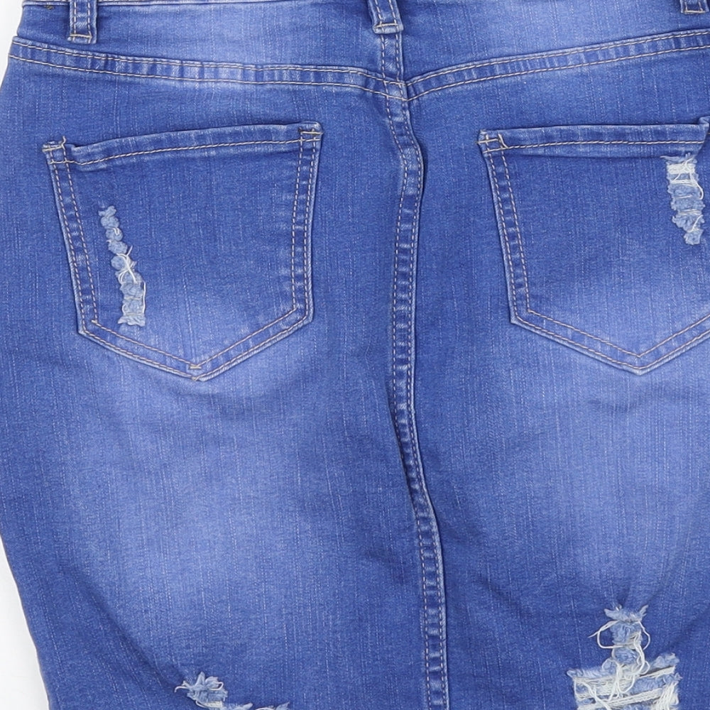 Mybestiny Womens Blue Cotton Straight & Pencil Skirt Size S Button - Distressed