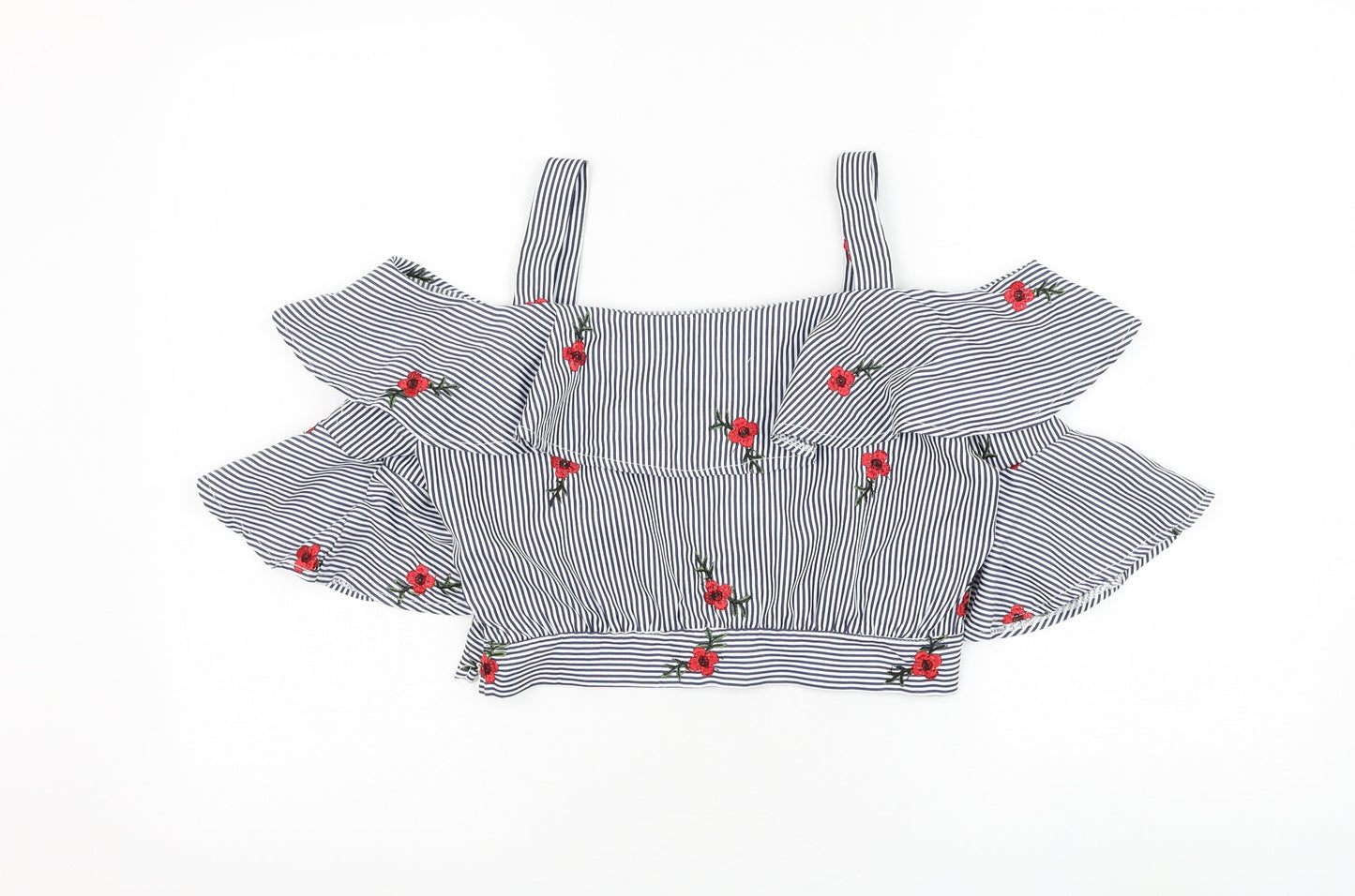 PARISIAN SIGNATURE Womens Blue Striped Polyester Cropped Blouse Size M Square Neck - Flower