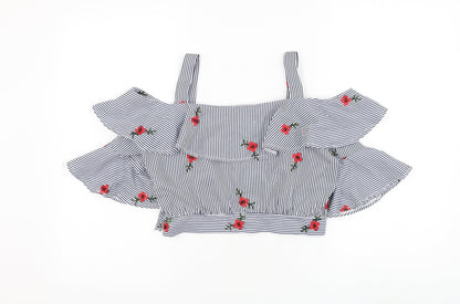 PARISIAN SIGNATURE Womens Blue Striped Polyester Cropped Blouse Size M Square Neck - Flower