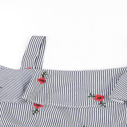 PARISIAN SIGNATURE Womens Blue Striped Polyester Cropped Blouse Size M Square Neck - Flower